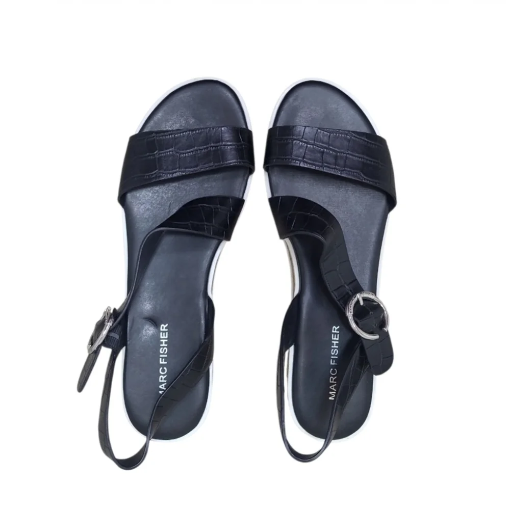 Marc Fisher Grandie Wedge Sandal Black Croc Print Size 9.5 M - Picture 3 of 11